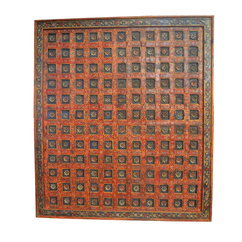 Red Floral Ceiling | Antique Ceiling Panel | Painted Ceiling | Carved Panel